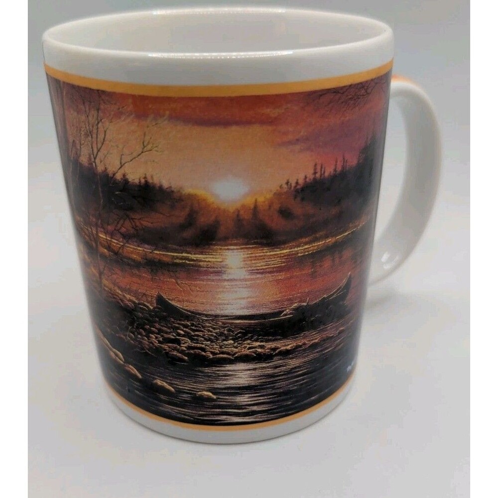 Terry Redlin "Morning Glow" Mug 1998  Canoe Deer Tent River